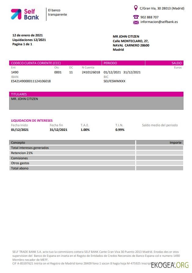 Modèle de justificatif de domicile Espagne Self Bank au format Word et PDF, au format .doc et .pdf
